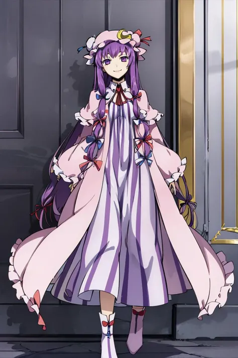 codeGeass <lora:codeGeass_offset:1>,
patchouli knowledge, 1girl, dress, (purple hair, purple eyes:1), long hair, mob cap, crescent hat ornament, ribbon, dress, <lora:patchouli:0.9>, smile,