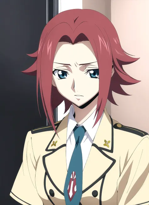 codeGeass <lora:codeGeass_offset:1>, kallen stadtfeld, 1girl, solo, ashford academy uniform, red hair, school uniform, blue eyes, necktie, short hair, green necktie, anime coloring, parody, upper body