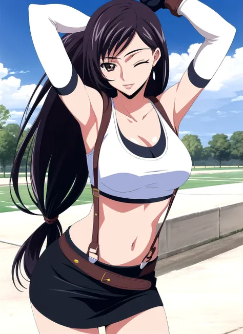 codeGeass <lora:codeGeass_offset:1>, tifa lockhart, 1girl, thick lips, arm up, armpits, artist name, belt, black hair, breasts, brown eyes, cleavage, closed mouth, collarbone, cowboy shot, crop top, earrings, elbow gloves, elbow pads, gloves, jewelry, large breasts, lips, long hair, low-tied long hair, midriff, navel, one eye closed, outdoors, skirt, smile, solo, stomach, suspenders, tank top, upper body, ((masterpiece)) <lora:tifa_lockhart_offset:0.7>