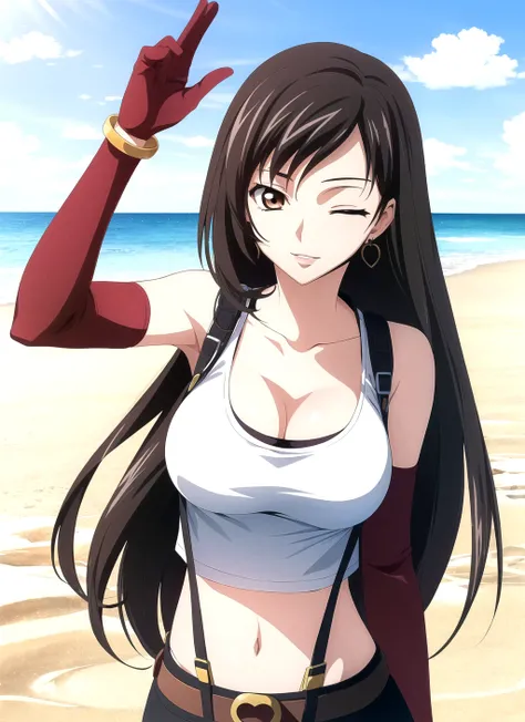 codeGeass <lora:codeGeass_offset:1>, tifa lockhart, 1girl, thick lips, arm up, armpits, artist name, belt, black hair, breasts, brown eyes, cleavage, closed mouth, collarbone, cowboy shot, crop top, earrings, elbow gloves, elbow pads, gloves, jewelry, large breasts, lips, long hair, low-tied long hair, midriff, navel, one eye closed, outdoors, skirt, smile, solo, stomach, suspenders, tank top, upper body, ((masterpiece))