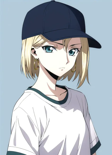 codeGeass <lora:codeGeass_offset:1>, masterpiece, best quality, 1girl, aqua eyes, baseball cap, blonde hair, closed mouth, earrings, green background, hat, hoop earrings, jewelry, looking at viewer, shirt, short hair, simple background, solo, upper body, yellow shirt