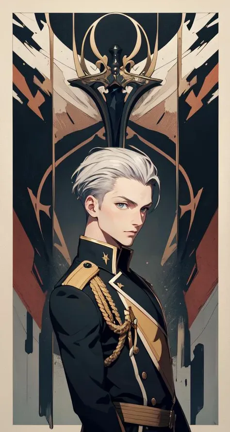 realistic, (best quality, masterpiece:1.3),1boy,solo, side face,
silver hair, bright pupils, short hair, hair slicked back, military uniform, 
a sword facing up,  border decorative art, abstract background,  codeGeass  <lora:codeGeass_offset:0.2>