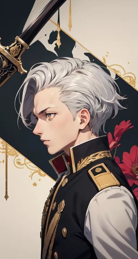 realistic, (best quality, masterpiece:1.3),1boy,solo, side face,
silver hair, bright pupils, short hair, hair slicked back, military uniform,
a sword facing up, flower border decorative art, abstract background, codeGeass <lora:codeGeass_offset:0.2>