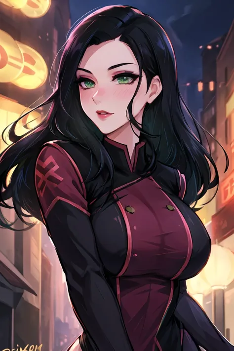 pose 
1girl, solo, female focus,
masterpiece, high quality, best quality, intricate detailed, highres, volumetric lighting, dynamic angle, depth of field
curvy,
(full-face blush)
aroused, flirtatious,
<lora:TLOK_Asami_Sato_v4:0.6>,
TLOK_Asami_Sato, main_outfit,
\green eyes\, black hair,
city background,