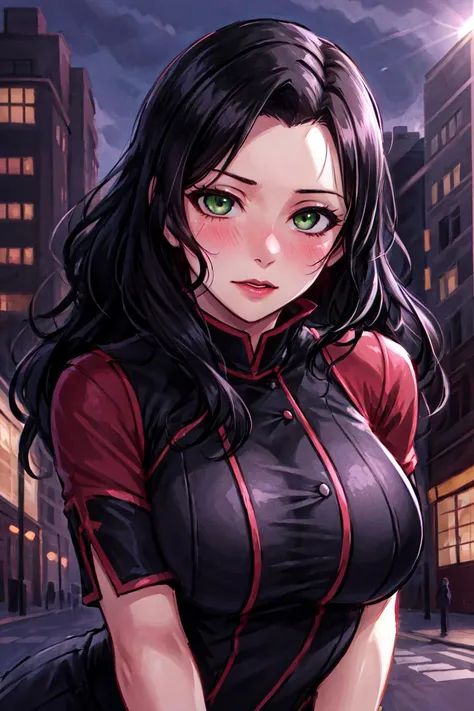 pose 1girl, solo, female focus, masterpiece, high quality, best quality, intricate detailed, highres, volumetric lighting, dynamic angle, depth of field curvy, (full-face blush) aroused, flirtatious, <lora:TLOK_Asami_Sato_v4:.5> <lora:add_detail:0.3> <lora:hipoly3DModelLora_v20:0.3> <lora:RSERomantic_RSESofiko_RSEEmma-v1:0.3> TLOK_Asami_Sato, (main_outfit), \green eyes\, black hair, city background,