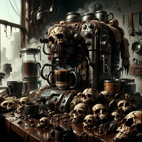 <lora:EPSavageVerse-30:1.0>, EPSavageVerse, grimdark, post-apocalypse, primal, tattered rags, advanced coffee machine, hot coffeemug, kitchen