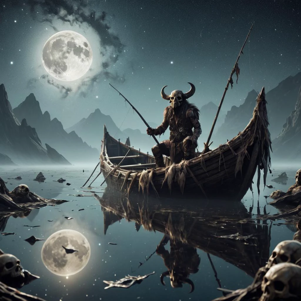 <lora:EPSavageVerseSDXL2:1>, EPSavageVerse, grimdark, primal, feral motifs, tribal symbols, a man in a boat on a moonlit lake, fishing stars