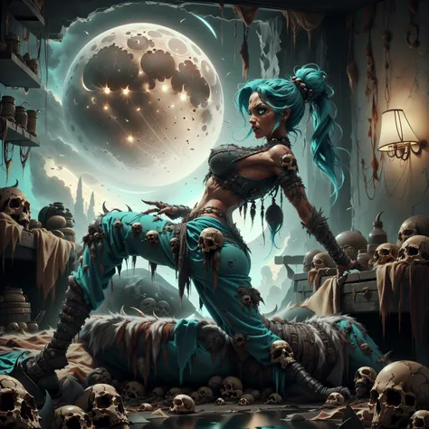 <lora:EPSavageVerse-30:1>, EPSavageVerse, grimdark, post-apocalypse, primal, feral motifs, tribal symbols, ferocious, 1girl, solo, from above, full body, bedroom, night, crescent moon, back arch, arching the back, highlighting the body's natural curves and sensuality, aqua hair, short hair, topknot, turquoise eyes, mature female, milf, midriff, sweatpants, large breasts, from side,