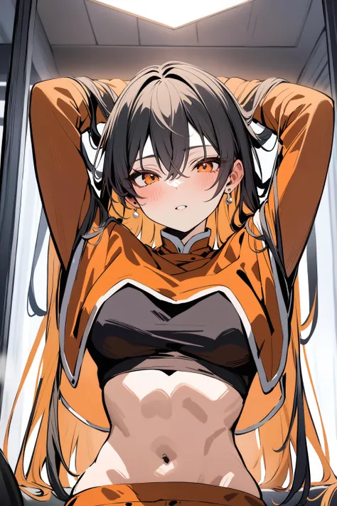 masterpiece, best quality, highres booru, 1girl, solo, monerochan, black hair, colored inner hair, orange skirt, orange capelet, dark crop top, sleeves, navel, midriff, orange eyes, round stud earrings, <lora:monerochan_xl_2_2:1.0>