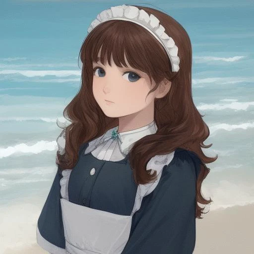 masterpiece, 1girl, detailed face + aquamarine :1.5, nose, brown, ( apron :1.2), closed mouth, looking at viewer, big hair , background: ocean , solo, upper body