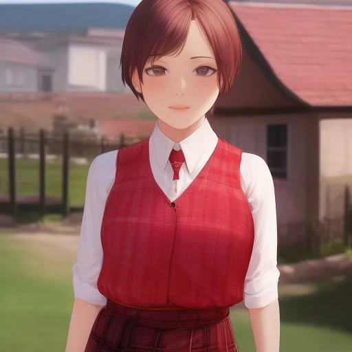 masterpiece, 1girl, detailed face + peach :1.5, nose, burgundy, ( kilt :1.2), closed mouth, looking at viewer, short hair , background: house , solo, upper body