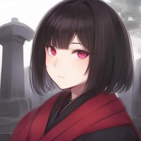 masterpiece, 1girl, detailed face + ruby :1.5, nose, black, ( layered kimono :1.2), closed mouth, looking at viewer, very short hair , background: graveyard , solo, upper body