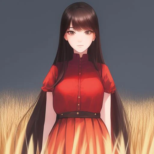 masterpiece, 1girl, detailed face + red :1.5, nose, black, ( high-waist skirt :1.2), closed mouth, looking at viewer, very long hair , background: field of wheat , solo, upper body