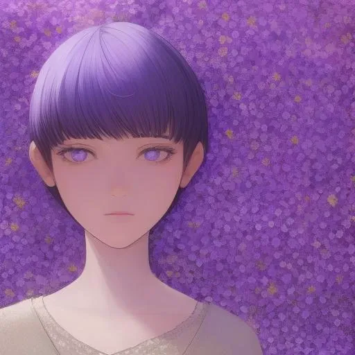 masterpiece, 1girl, detailed face + amethyst :1.5, nose, yellow, ( duster :1.2), closed mouth, looking at viewer, very short hair , background: flower field , solo, upper body