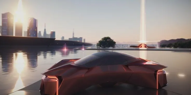 ((blender cycles render style)), solo, the futuristic city of Tokyo in the year 2050, sunset view reflected on the surface, lens flare, motion blur, blur background, (simple future concept speedform), futuristic form, muscular volume, masterpiece:2, best quality, floating vehicle, science fiction, reflection paint, ground vehicle, vehicle focus, ultra-realistic detail, reflective ground, cardesignworld, car design trend 2023, crimson pearl metallic paint, low camera angle, <lora:Speedform_v1:1.2>