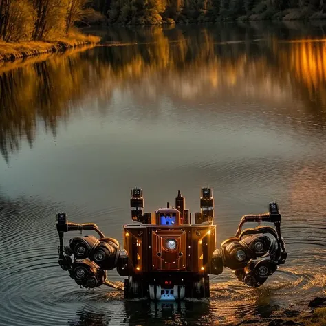 Gothic style ( robotic:1.5) Golden Hour Romance Create a romantic scene with the robotic beauty in the river during the golden hour. Use soft, warm lighting, golden reflections, and a low camera angle to highlight the enchanting features. . Dark, mysterious, haunting, dramatic, ornate, detailed