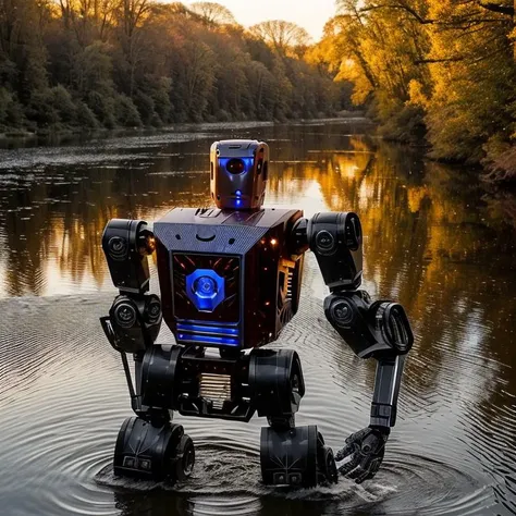Gothic style ( robotic:1.5) Golden Hour Romance Create a romantic scene with the robotic beauty in the river during the golden hour. Use soft, warm lighting, golden reflections, and a low camera angle to highlight the enchanting features. . Dark, mysterious, haunting, dramatic, ornate, detailed