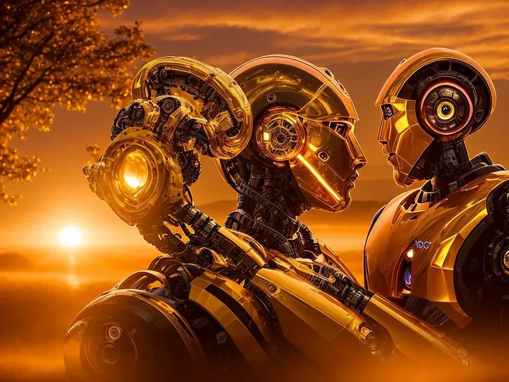 Dreamscape photo of a (robotic:1.2) Golden Hour Romance Create a romantic scene with the robotic beauty golden hour. Use soft, warm lighting, golden reflections, and a low camera angle to highlight the enchanting features. . Surreal, ethereal, dreamy, mysterious, fantasy, highly detailed