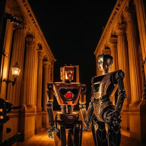 Gothic style ( robotic:1.5) Golden Hour Romance Create a romantic scene with the robotic beauty golden hour. Use soft, warm lighting, golden reflections, and a low camera angle to highlight the enchanting features. . Dark, mysterious, haunting, dramatic, ornate, detailed