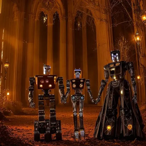 Gothic style ( robotic:1.5) Golden Hour Romance Create a romantic scene with the robotic beauty golden hour. Use soft, warm lighting, golden reflections, and a low camera angle to highlight the enchanting features. . Dark, mysterious, haunting, dramatic, ornate, detailed