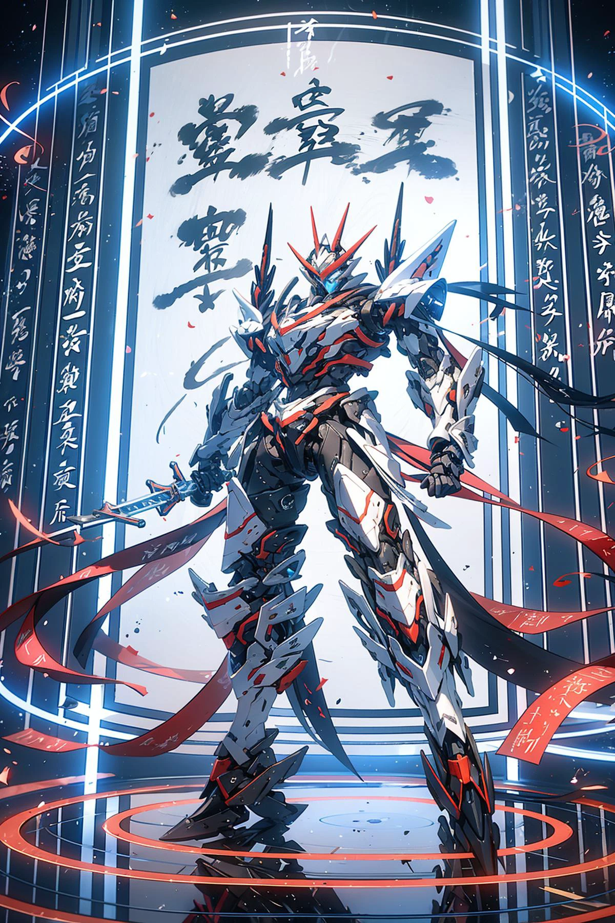 Surrounded by rotating transparent red scrolls, floating transparent red Chinese characters, dynamic, 1 man standing in the air, not looking at the camera, writing calligraphy, solo, blue eyes, holding, weapon, holding weapon, glow, robot, mecha, science fiction, open_hand,v-fin, movie lighting, strong contrast, high level of detail, best quality, masterpiece, white background<lora:æºç²ä¿®ä»:0.9>,mecha,CGgame,3D,blender,