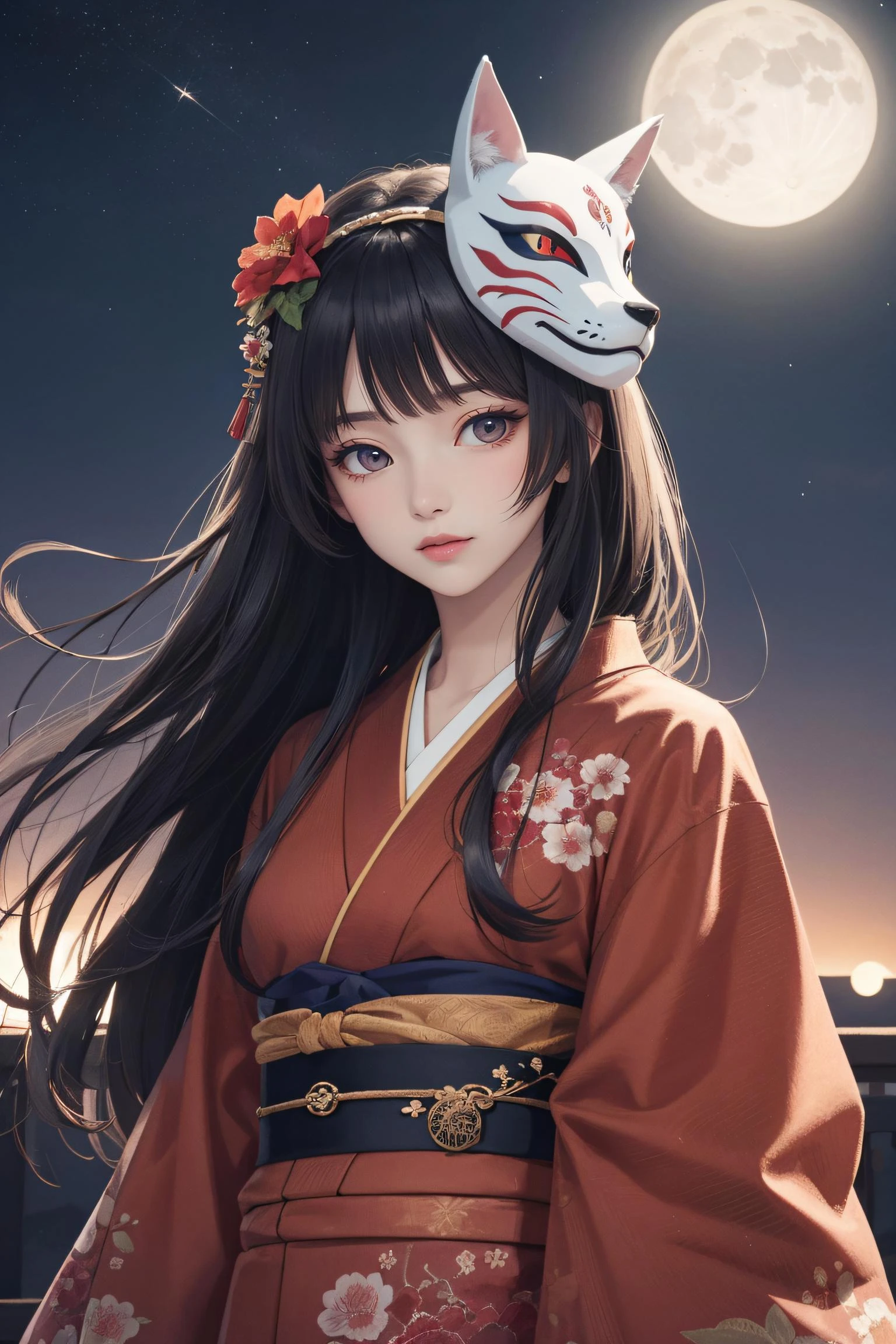 finely detail, Depth of field, (((masterpiece))), ((extremely detailed CG unity 8k wallpaper)), best quality, high resolution illustration, , Amazing, highres, intricate detail, (best illumination, best shadow, an extremely delicate and beautiful), ,
full_moon, moon, mask, 1girl, fox_mask, japanese_clothes, kimono, night, floral_print, solo, mask_on_head, flower, long_hair, outdoors, sun, looking_at_viewer, night_sky, moonlight