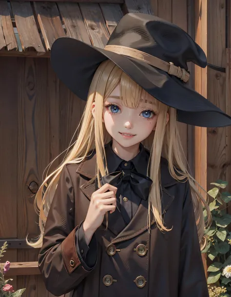 parameterscowboy shot, 1girl, blonde hair, long hair, blue eyes, blunt bangs, (hair cover one eye:1.2), brown woolen coat, black wide brim hat , black tie, looking at viewer, shed tears, smile, standing in flower house, kahuka1