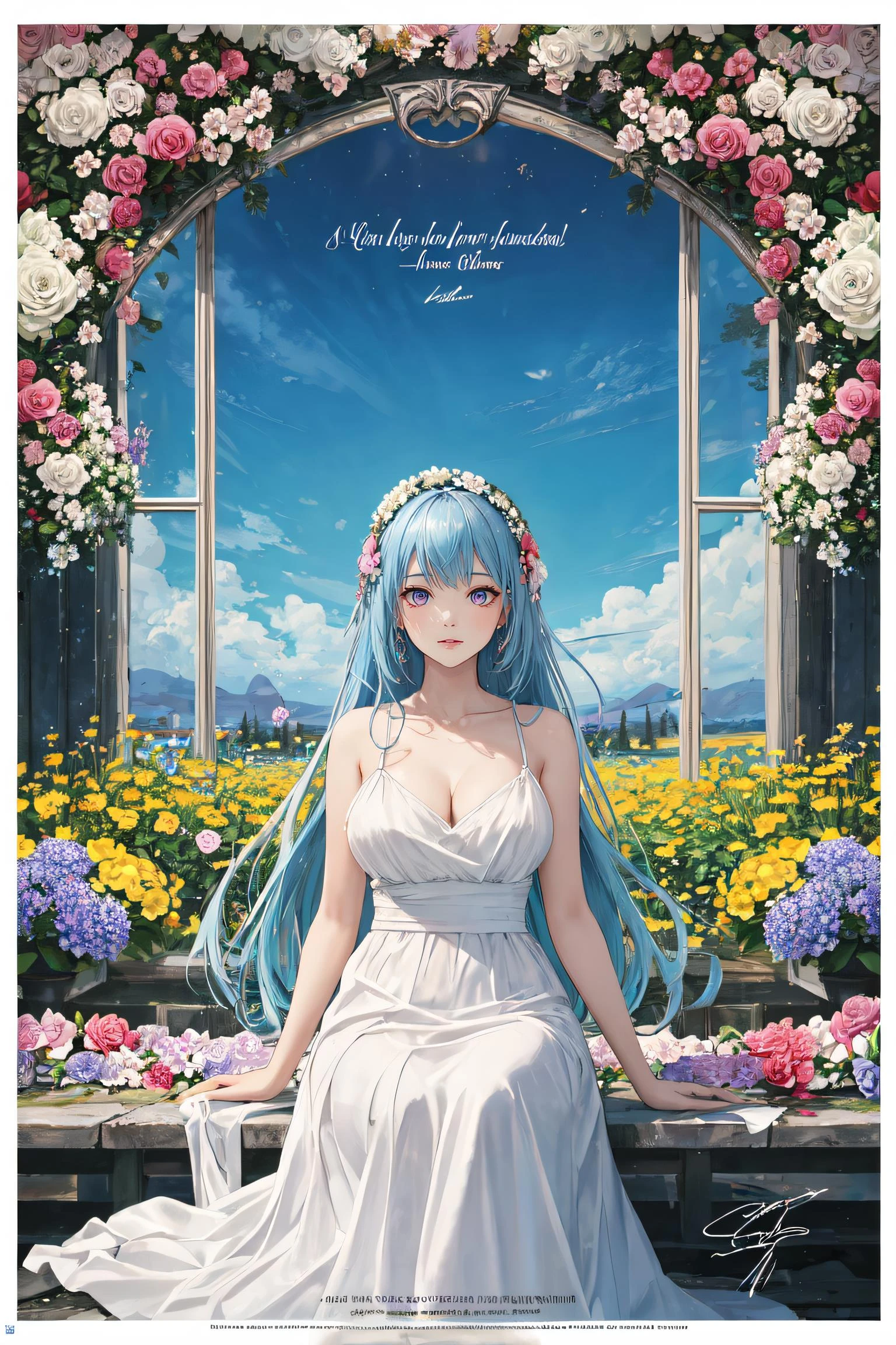 best quality, masterpiece, illustration,(reflection light),incredibly absurdres,(Movie Poster),(signature:1.3),(English text:1.3),
1girl, girl middle of flower,pure skyblue hair, red eyes,clear sky, outside,collarbone,
sitting, absurdly long hair, clear boundaries of the cloth, white dress, fantastic scenery,
ground of flowers, thousand of flowers, colorful flowers, flowers around her, various flowers