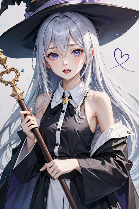 1girl,solo,hat,witch hat,elaina \(majo no tabitabi\),long hair,black headwear,looking at viewer,holding,shirt,purple eyes,heart,open mouth,wand,hair between eyes,bangs,upper body,robe,white shirt,black robe,star \(symbol\),bow,off shoulder,collared shirt,long sleeves,holding wand,open robe,sleeveless shirt,signature,bare shoulders,