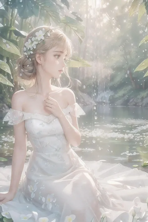 1girl,(low_angle),water spray, leaf,flowers,forest,droplets,sea,droplets, white dress,best quality ,masterpiece, illustration, an extremely delicate and beautiful, extremely detailed ,CG ,unity ,8k wallpaper,GRASS,  hair flower, cute,scene depth,bare arms, holding flower, collarbone,<lora:åç:0.4>