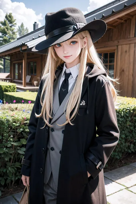 parameterscowboy shot, 1girl, blonde hair, long hair, blue eyes, blunt bangs, (hair cover one eye:1.2), brown woolen coat, black wide brim hat , black tie, looking at viewer, shed tears, smile, standing in flower house, kahuka1