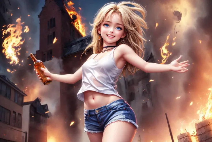 (detailed eyes:1.3), Beautiful Lighting, (1girl:blue  eyes, blonde hair, absurdly long hair, hair between eyes), (real skin), <lora:l - L| :1>, <lora:y:1>,  (Style-DA:1.3),
 <lora:concept_holdingmolotov:1>, holding molotov, holding bottle, fire, (building on fire:1.3), <lora:age_slider-LECO-v1:-4>,  <lora:face:0.2>, creepy face, creepy smile, close-up, creepy pupils, shaded face, bags under eyes, big smile, teeth, small pupils, creepy eyes, crazy face, crazy smile,, (tank top:1.1), denim short shorts, earrings, black choker, bare shoulders, sleeveless,