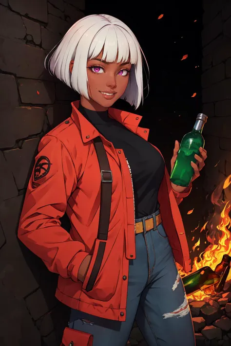 (masterpiece, best quality, absurdres, 4k, aesthetic, detailed, intricate),1girl,,jacket,dark-skinned female,bob cut,blunt bangs,white hair,grin,holding molotov, holding bottle, fire  <lora:concept_holdingmolotov:0.8>