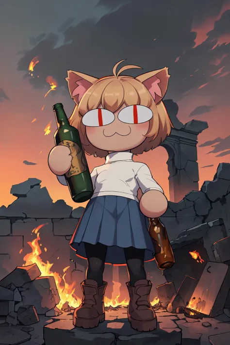 (masterpiece,best quality,absurdres,beautiful,sharp,detailed),ruins,red sky,necoarc,animal ears, cat ears, blonde hair, slit pupils, :3, bangs, chibi, antenna hair, short hair, cat girl,white turtleneck, blue skirt, pleated skirt, brown footwear, pantyhose,holding molotov, holding bottle, fire  <lora:concept_holdingmolotov:0.8> <lora:necoarc:1>