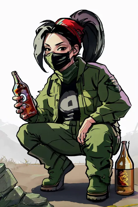 masterpiece, best quality, 1girl, solo, squatting, green bandana, covered mouth, black jacket, boots, cargo pants, black hair, ponytail, face mask, surgical mask, <lora:gtasanandreas-style-richy-v1:1> <lora:concept_holdingmolotov:1> holding molotov, holding bottle, fire, simple background, black eyes