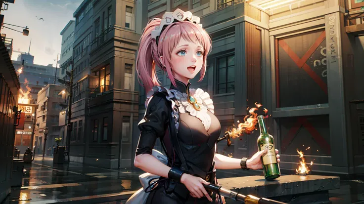 masterpiece, best quality, scene of a woman holding bottle, <lora:zoom_slider:-1> <lora:felicia-fe-richy-v1:0.85> maid headdress, maid apron, thinghighs, holding molotov, fire:1.3 warzone, fire:1.3 <lora:2077_Style:0.8> 2077_Style :D <lora:concept_holdingmolotov-10:1> night,