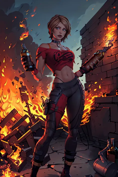 (masterpiece,best quality,absurdres,beautiful,sharp,detailed),holding molotov, holding bottle, fire,cinematic angle,1girl,tntina,short hair, choker, lipstick, midriff, pants, fingerless gloves <lora:FN_TnTina-DEF:0.8>  <lora:concept_holdingmolotov:0.8>