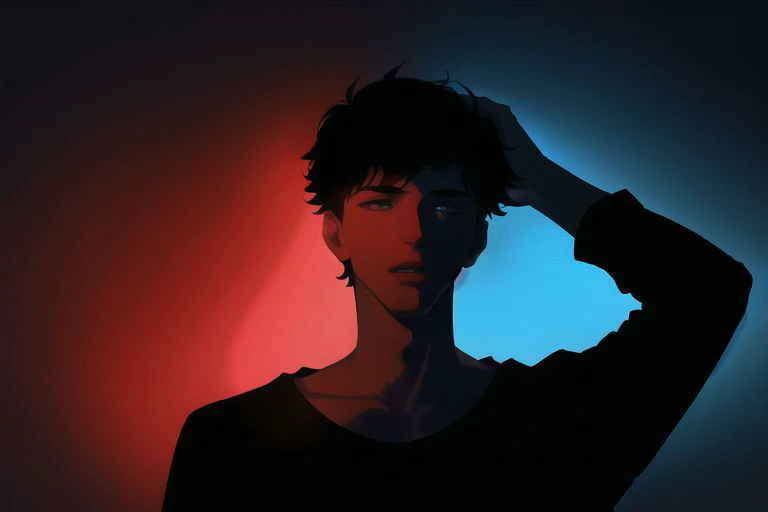 1boy, male focus, boys, yaoi, solo, looking at the view, gloomy, short hair, black hair, blue eyes, t-shirt, dark theme, red theme, spotlight, silhouette, simple background, best aesthetics, absurdres, year 2024