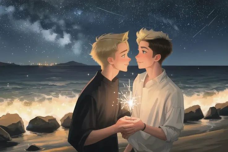 2boys, male focus, boys, yaoi, imminent kiss, looking at another, smile, by the sea, night, dark sky, stars, sparklers in hand, short hair, brown hair, blue eyes, blonde hair, green eyes, shirt, best quality, amazing quality, best aesthetics, absurdres, year 2024