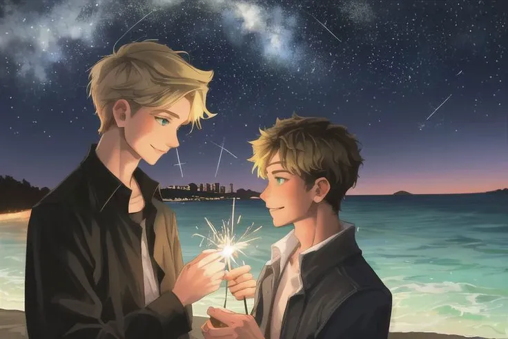 2boys, male focus, boys, yaoi, imminent kiss, looking at another, smile, by the sea, night, dark sky, stars, sparklers in hand, short hair, brown hair, blue eyes, blonde hair, green eyes, shirt, best quality, amazing quality, best aesthetics, absurdres, year 2024
