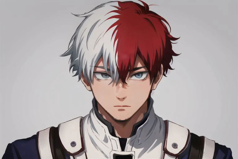 1boy, male focus, boys, yaoi, solo, looking at the view, portrait, shoto todoroki, blue eyes, grey eyes, short hair, white and red hair, simple background, best aesthetics, absurdres, year 2024