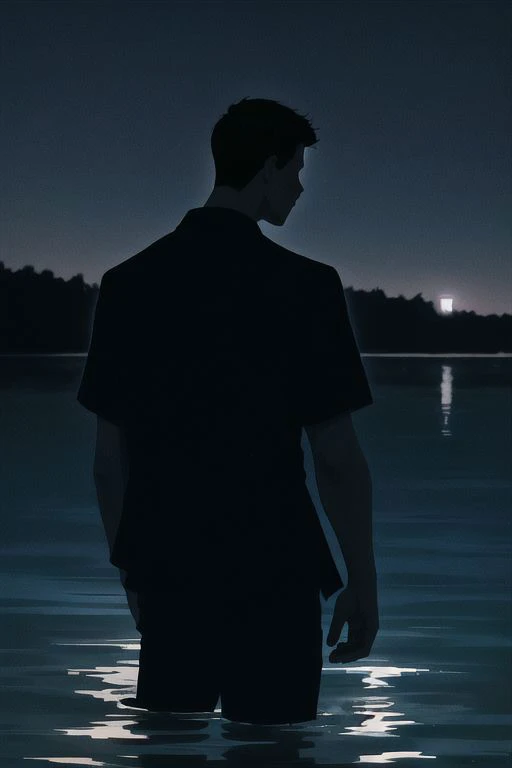 1boy, male focus, boys, yaoi, solo, standing in the water, night, short hair, black hair, shirt, dark colors, subdued lights, slightly shiny water, dark sky, from below, spotlight, best aesthetics, absurdres, year 2024