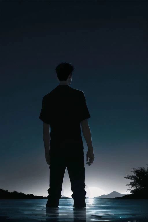 1boy, male focus, boys, yaoi, solo, standing in the water, night, short hair, black hair, shirt, dark colors, subdued lights, slightly shiny water, dark sky, from below, spotlight, best aesthetics, absurdres, year 2024