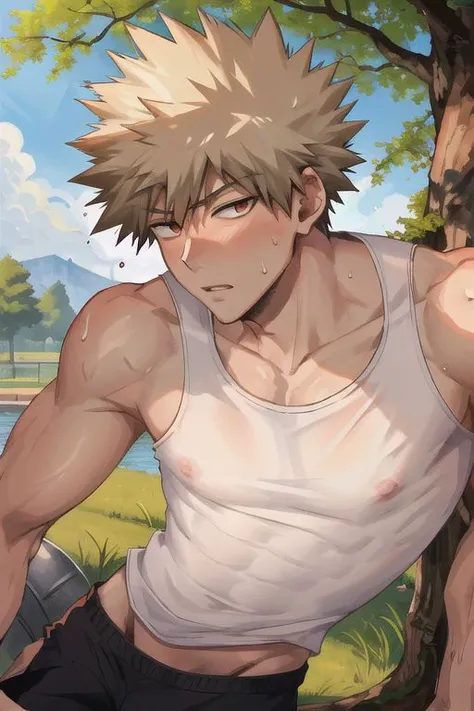 1boy, male focus, boys, yaoi, solo, looking at the view, portrait, bakugou katsuki, leaning forward, muscular male, tank top, shorts, bulge, covered nipples, sweat, park, tree, best aesthetics, absurdres, year 2024