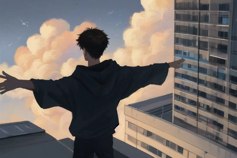 1boy, male focus, yaoi, solo, dark night in the background, sky, clouds, dark sky, brown hair, shirt hair, hoodie, black sweatpants,standing, on the edge of the roof of a multi-storey building, look forward, stands with his back to the viewer, his arms are outstretched to the sides of him, year 2024