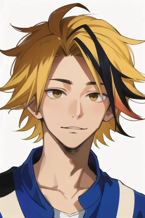 1boy, male focus, boys, yaoi, solo, looking at the view, portrait, kaminari_denki, blonde hair, multicolored hair, simple background, best aesthetics, absurdres, year 2024