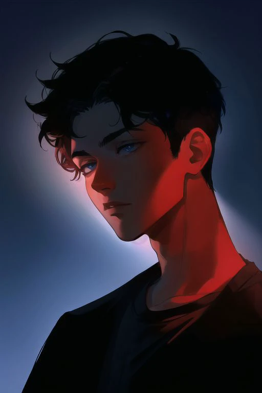 1boy, male focus, boys, yaoi, solo, looking at the view, gloomy, short hair, black hair, blue eyes, t-shirt, dark theme, red theme, spotlight, silhouette, simple background, best aesthetics, absurdres, year 2024