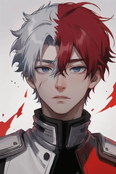 1boy, male focus, boys, yaoi, solo, looking at the view, portrait, shoto todoroki, blue eyes, grey eyes, short hair, white and red hair, scar on the left eye, simple background, best aesthetics, absurdres, year 2024