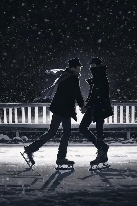 2boys, male focus, boys, yaoi, skating, holding hands, on ice, winter, it's snowing, hat, scarf, jacket, smiling, night, short hair, black hair, dark colors, subdued lights, dark sky, spotlight, best aesthetics, absurdres, year 2024
