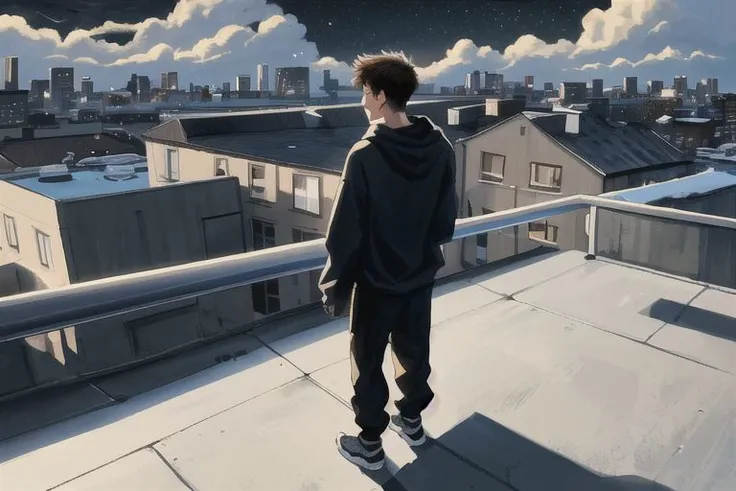 1boy, male focus, yaoi, solo, night in the background, sky, clouds, dark sky, brown hair, shirt hair, hoodie, black sweatpants,standing, on the edge of the roof of a multi-storey building, look forward, stands with his back to the viewer, arms outstretched, year 2024